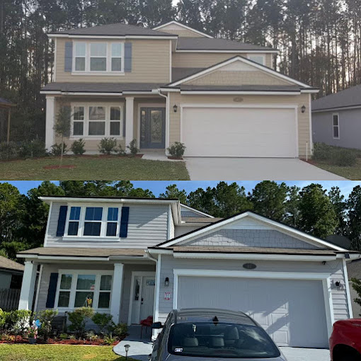 A split photo of a house with a car parked in front of it