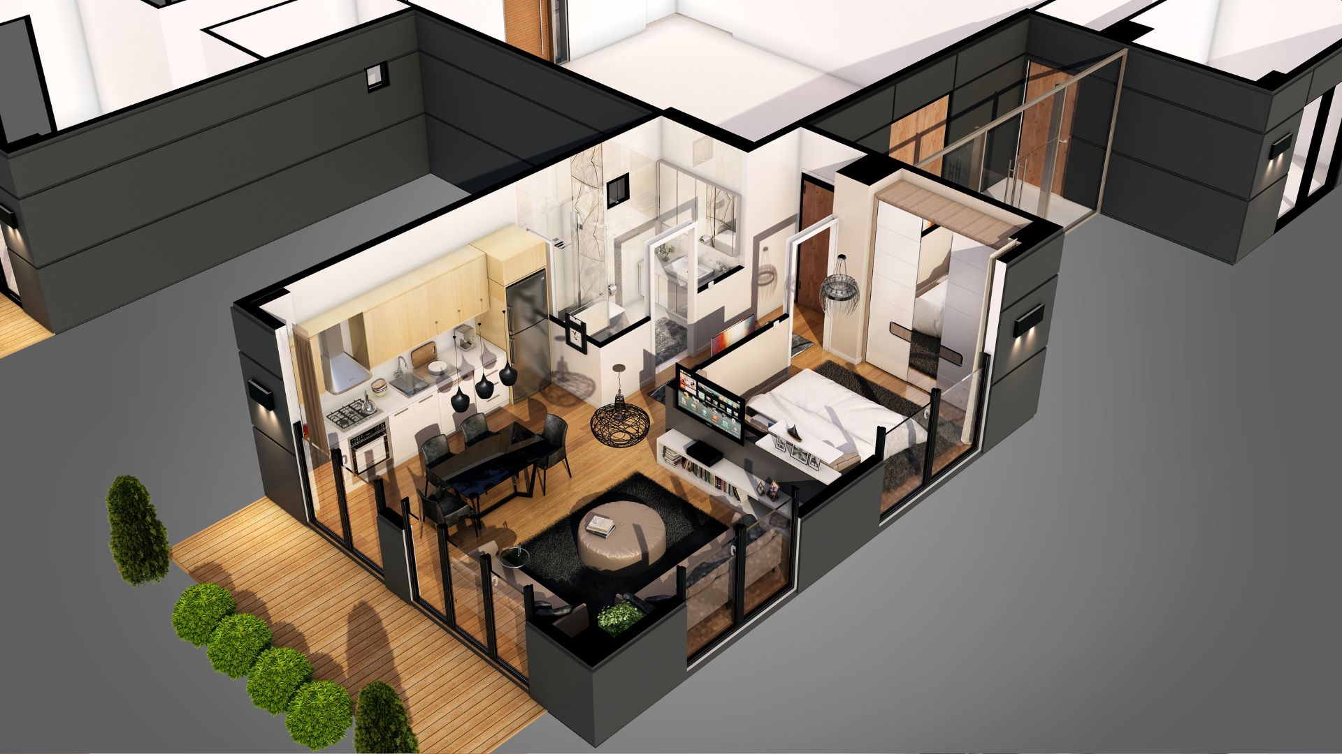 A computer rendering of a two bedroom apartment