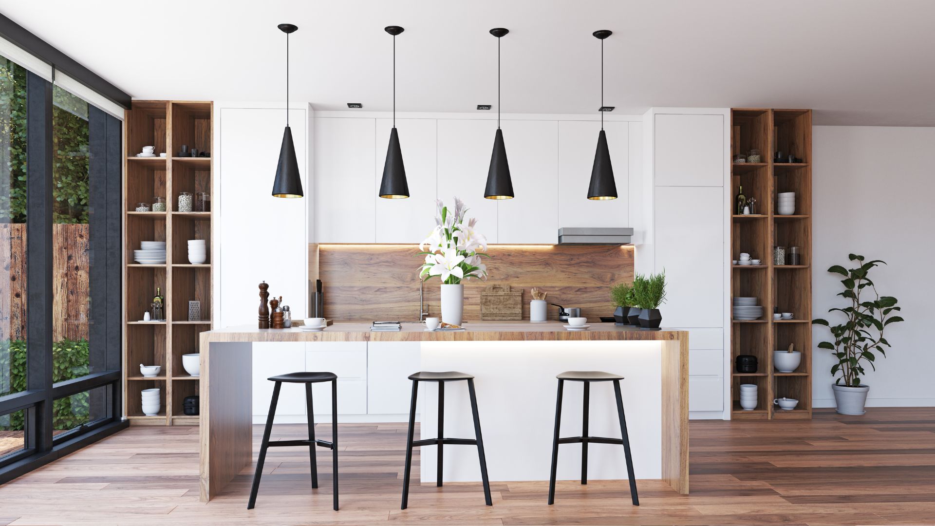 A kitchen with a center island and bar stools