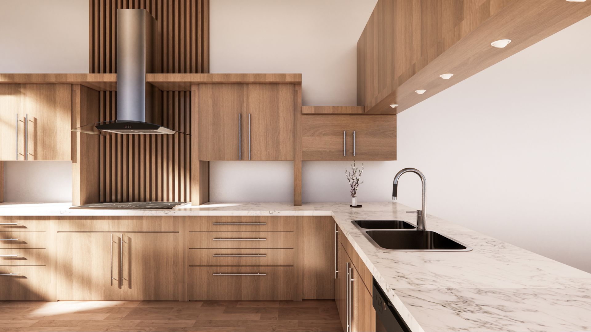 A kitchen with a sink and a stove top oven